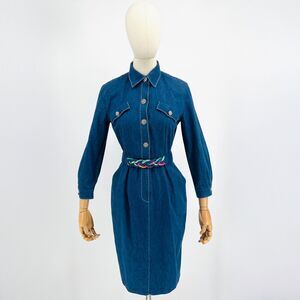 Vintage 80s Melissa Petites Blue Denim Western Midi Shirt Dress